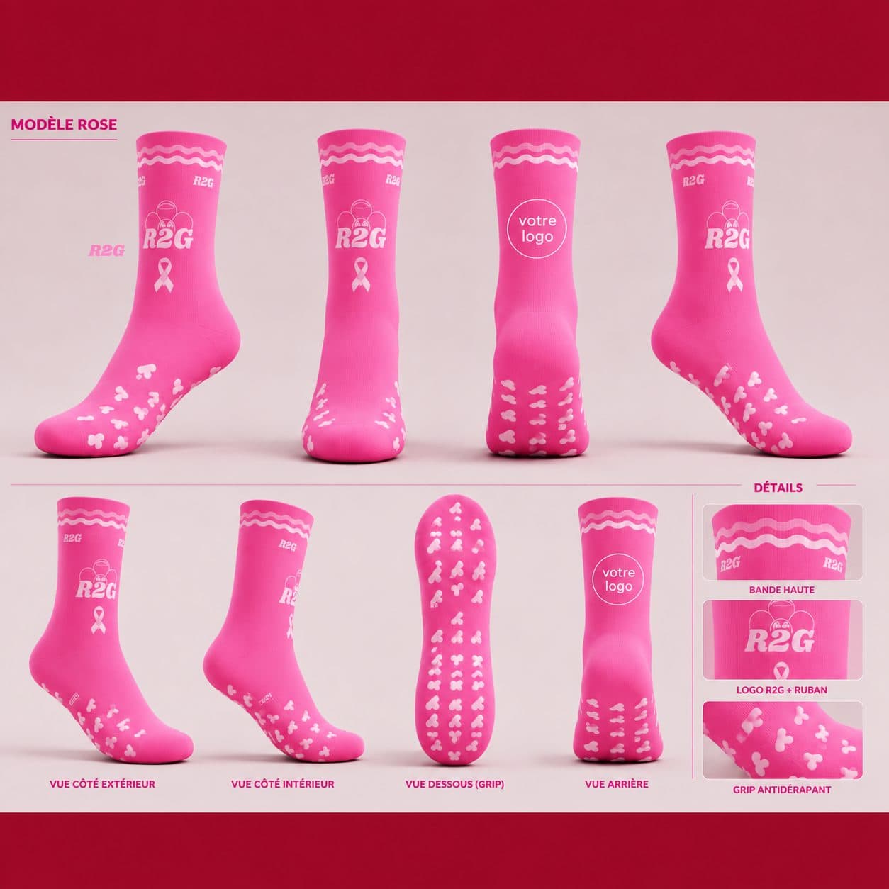 Planche de chaussettes à grip roses R2G avec ruban